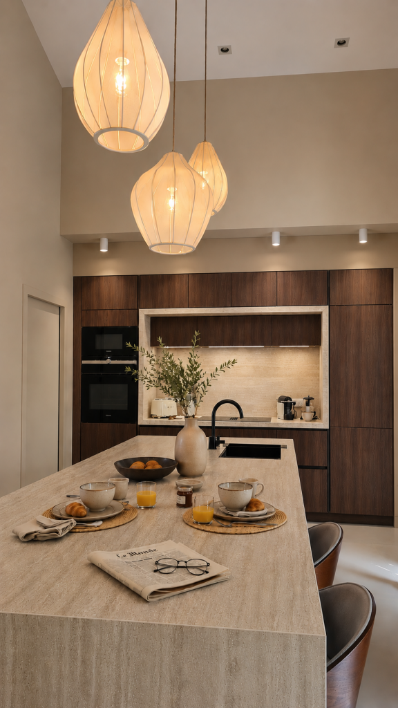 Modern kitchen with a marble island set for breakfast; three pendant lights above, cups, juice, croissants, and a newspaper on the counter.