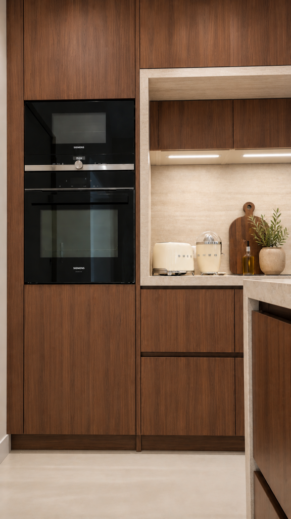 Built-in black double oven in a walnut kitchen with a white countertop and beige backsplash.
