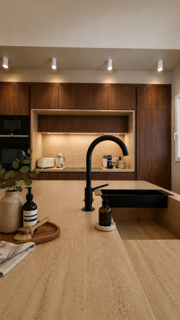 Modern kitchen with warm wood cabinets, a beige countertop, and a black curved faucet over a sink.