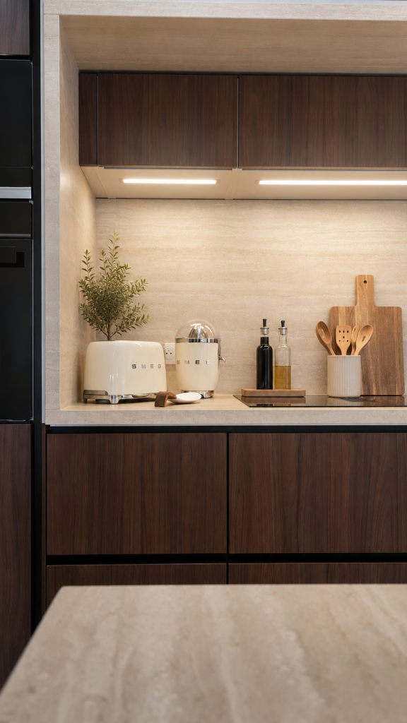 Modern kitchen counter with white SMEG toaster and mixer, dark wood cabinets, and olive plant in a white pot.