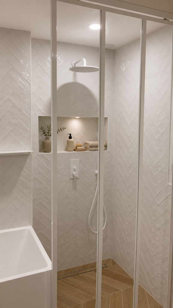Modern bathroom shower with glass enclosure, rainfall head, and built-in niche holding towels and toiletries among white chevron tiles.