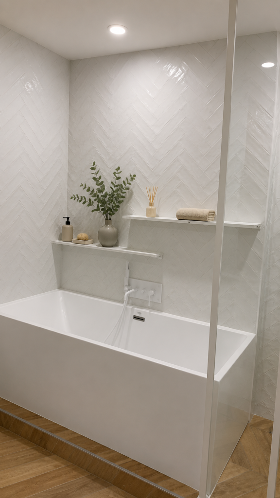 Modern white bathtub against a tiled wall with two shelves holding a plant, soap dispenser, and towels.