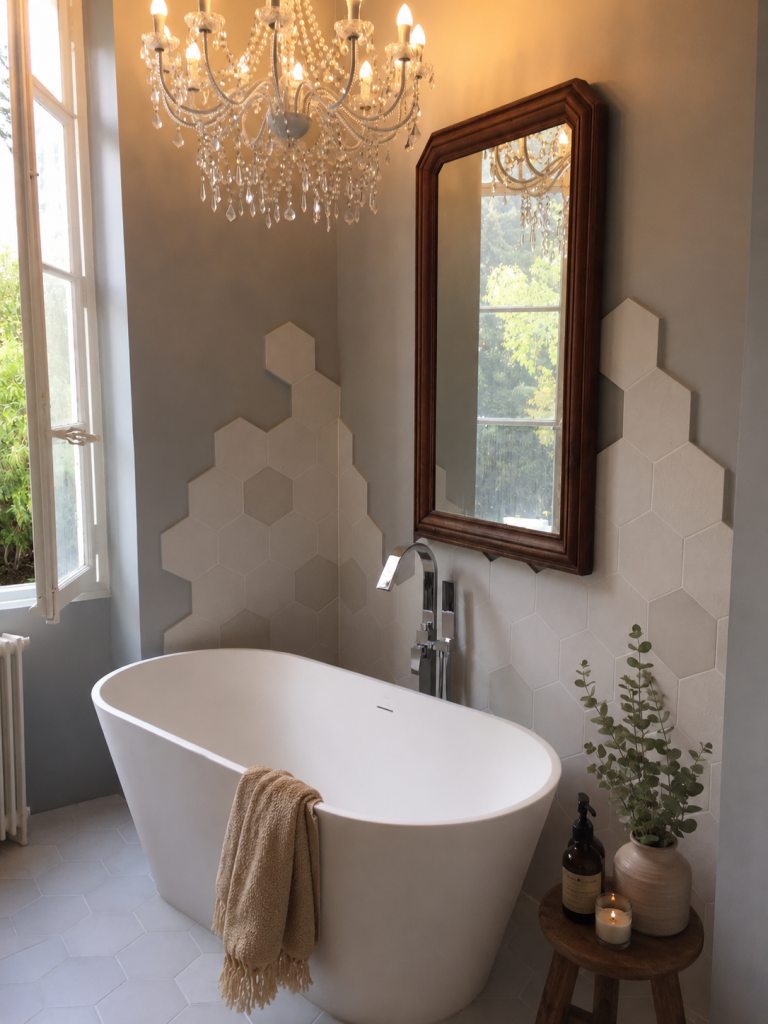 Elegant bathroom with a white freestanding tub under a crystal chandelier and a wooden-framed mirror, hex tile wall, and a small wooden table with plants and a lit candle.