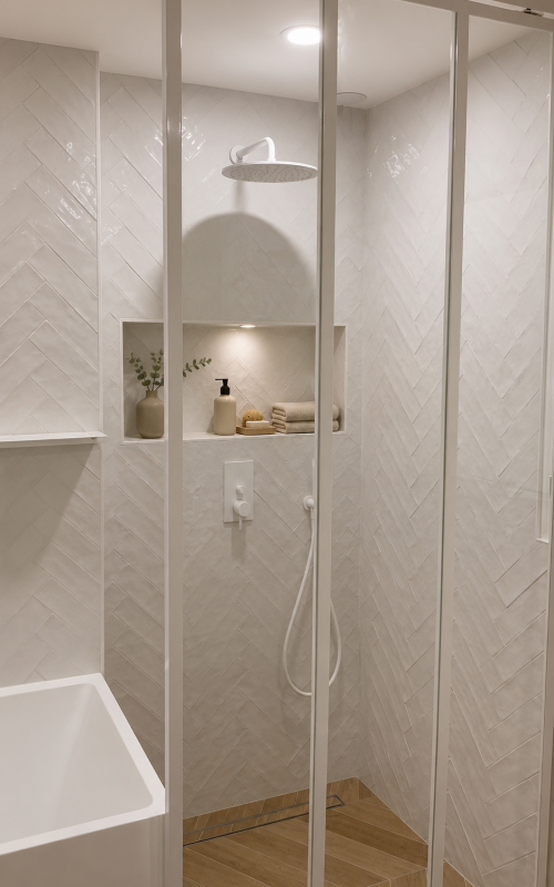 Modern bathroom shower with glass enclosure, rainfall head, and built-in niche holding towels and toiletries among white chevron tiles.