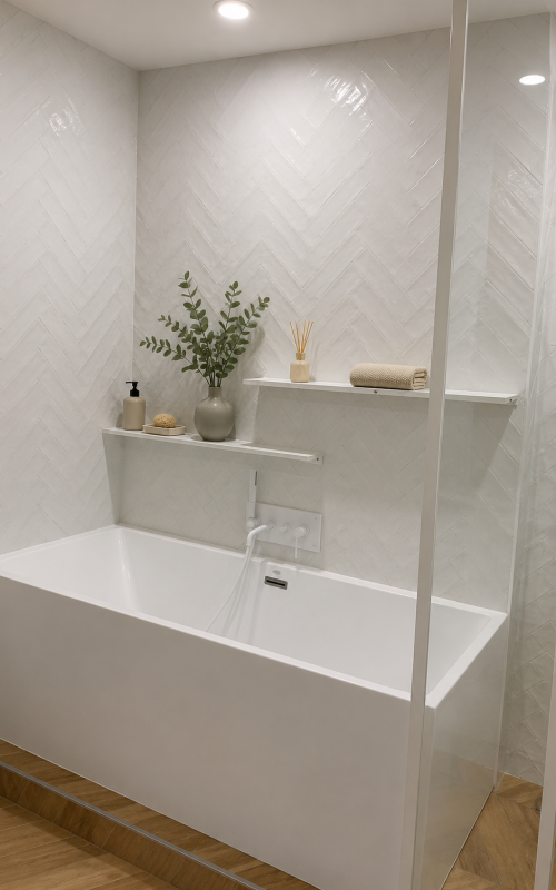 Modern white bathtub against a tiled wall with two shelves holding a plant, soap dispenser, and towels.
