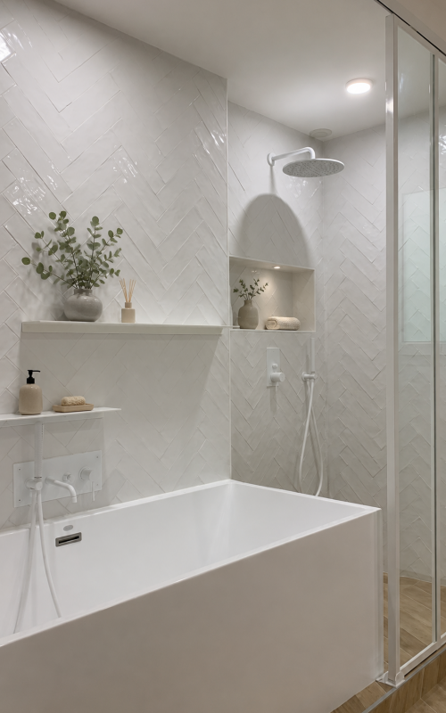 Minimalist white bathroom with a rectangular tub, glass shower enclosure, and chevron tile walls.
